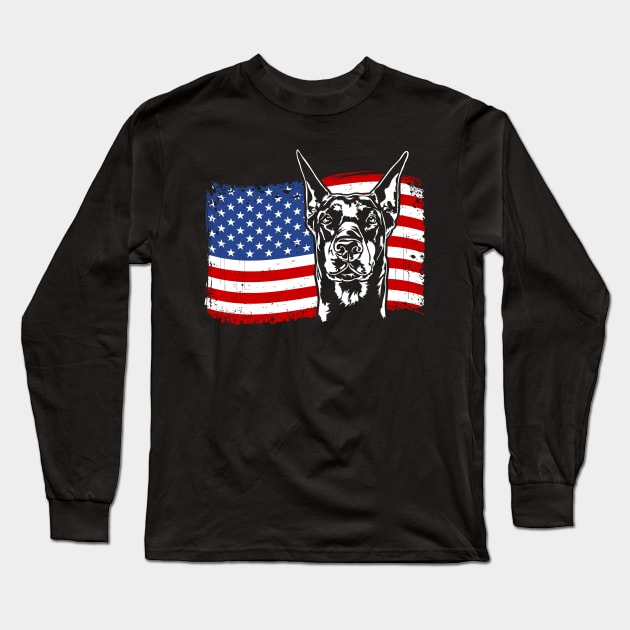 Proud Doberman Pinscher American Flag patriotic dog Long Sleeve T-Shirt by wilsigns